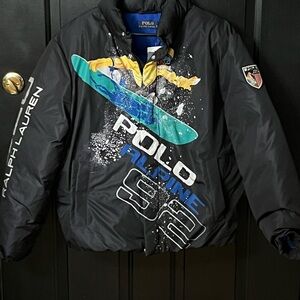 Polo by Ralph Lauren Black Ski Graphic Puffer Jacket with Teal & Yellow Accents